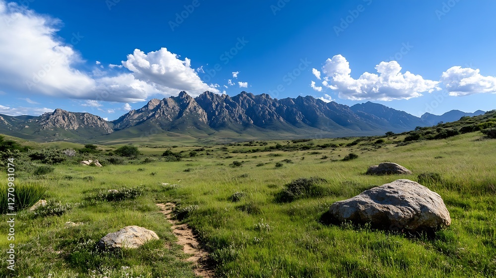 Fototapeta premium Stunning panoramic view of majestic mountains under a bright blue sky with fluffy clouds highlighting natural beauty : Generative AI