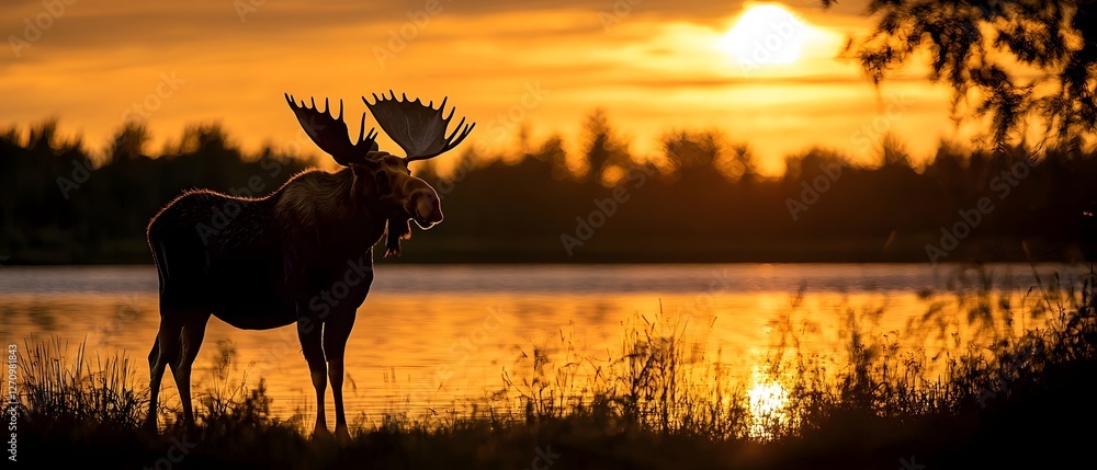 Thrill Encounter Exploration, Majestic Moose Silhouette at Serene Lakeside Sunrise Thrill Encounter Exploration, Majestic Moose Silhouette at Serene Lakeside Sunrise
