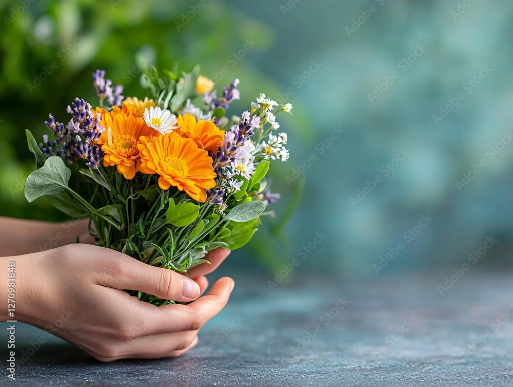 Spring Awakening nature renewal concept. A person holds a vibrant bouquet of orange marigolds and purple flowers against a softly blurred background.