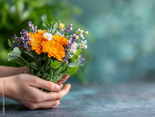 Obraz na płótnie Spring Awakening nature renewal concept. A person holds a vibrant bouquet of orange marigolds and purple flowers against a softly blurred background. w salonie