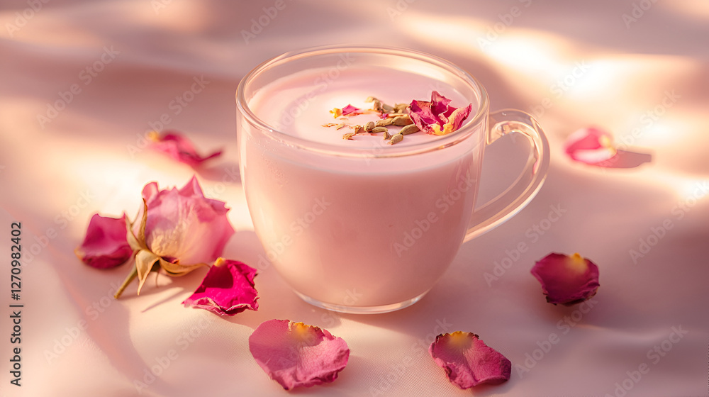 Elegant pink drink garnished with florals and spices in a glass mug on a silk background. Elegant pink drink garnished with florals and spices in a glass mug on a silk background.