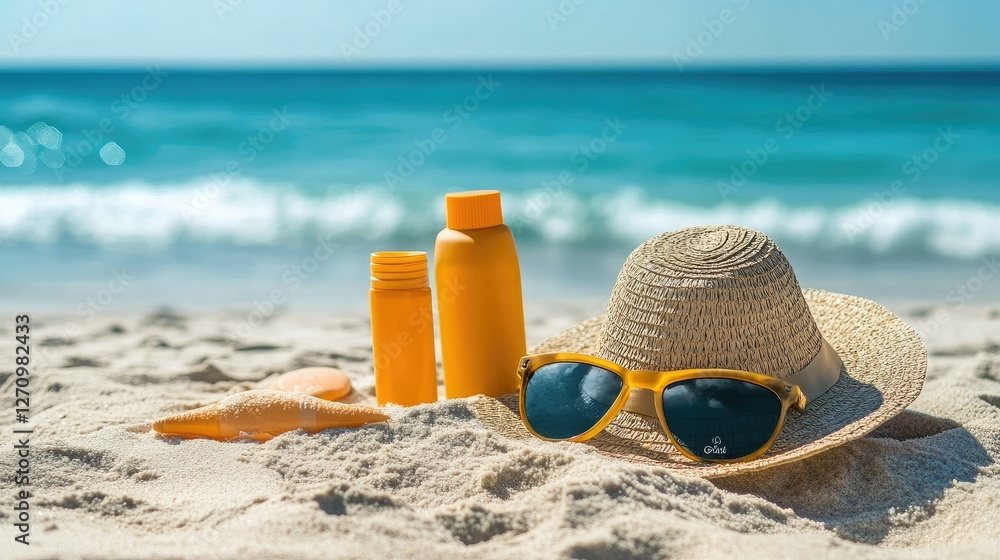 Sun protection essentials including sunscreen, a beach hat, and sunglasses spread out on the sandy beach with the ocean in the background Sun protection essentials including sunscreen, a beach hat, and sunglasses spread out on the sandy beach with the ocean in the background