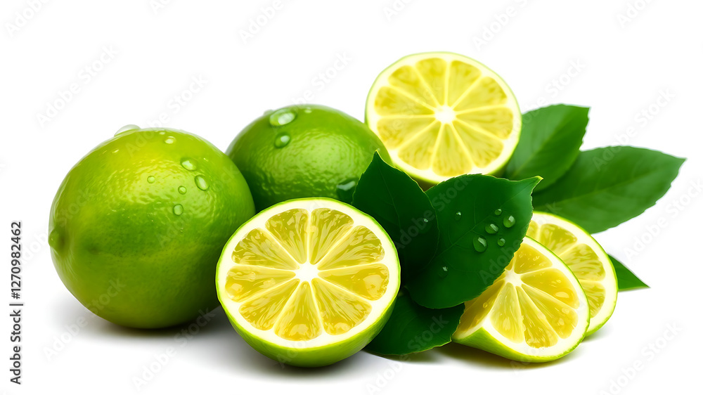 Freshly Sliced Limes with Leaves on White Background Freshly Sliced Limes with Leaves on White Background