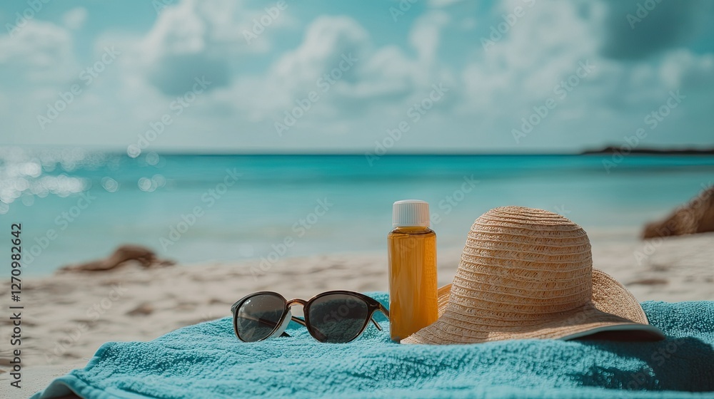 Sun protection items on a beach towel, including sunscreen, sunglasses, and a sun hat, set against the backdrop of an inviting ocean Sun protection items on a beach towel, including sunscreen, sunglasses, and a sun hat, set against the backdrop of an inviting ocean