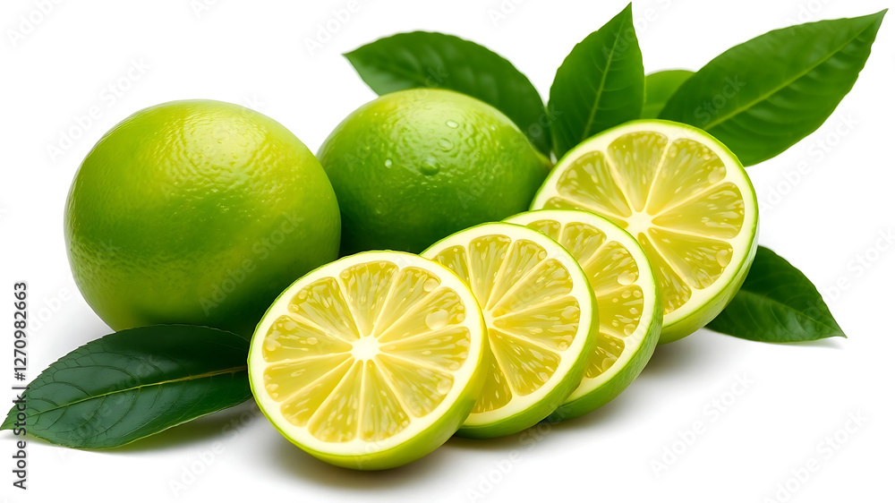 Freshly Sliced Limes with Leaves on White Background Freshly Sliced Limes with Leaves on White Background