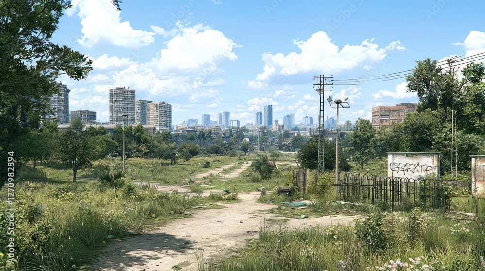 Overgrown Path Leading to a Distant Cityscape on a Sunny Day Overgrown Path Leading to a Distant Cityscape on a Sunny Day
