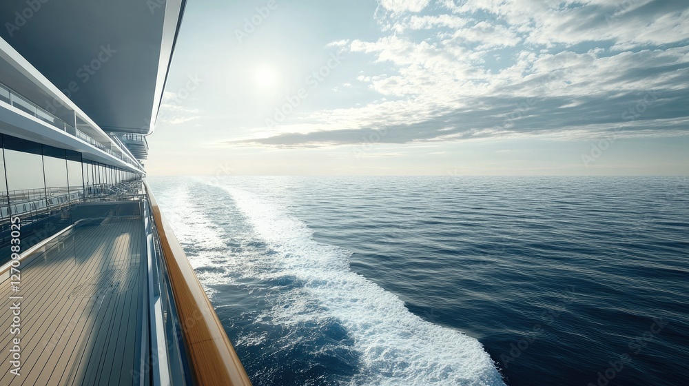 Obraz premium The endless ocean stretching behind a cruise ship, with a long, foamy wake breaking the stillness.