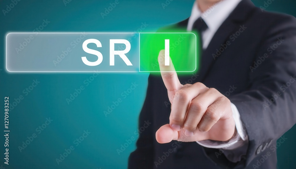 A businessman interacting with a digital interface SRI, showcasing modern technology. A businessman interacting with a digital interface SRI, showcasing modern technology.