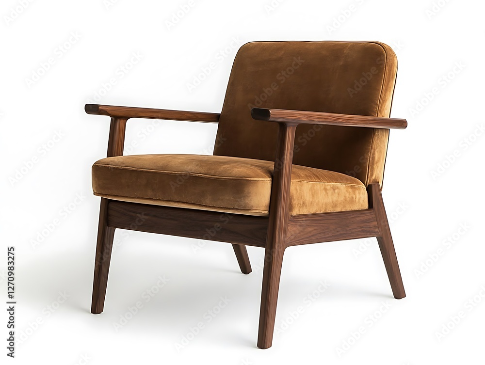 Mid-century wooden armchair with a rich walnut tone, set against a white neutral background Mid-century wooden armchair with a rich walnut tone, set against a white neutral background