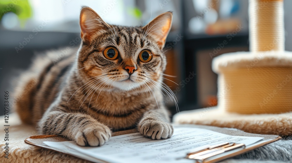 Curious cat on papers, home office, blurry background, pet lifestyle Curious cat on papers, home office, blurry background, pet lifestyle
