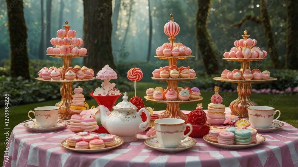 Fototapeta premium Alice in Wonderland Food Wonderland: Teacup Cakes, Floating Teacups, and Magical Candy Forest 
