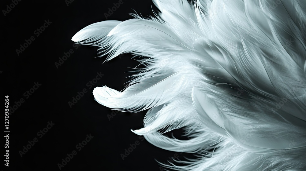 Fototapeta premium White feathers arranged dynamically, appearing to dance as they fall against a moody black background.