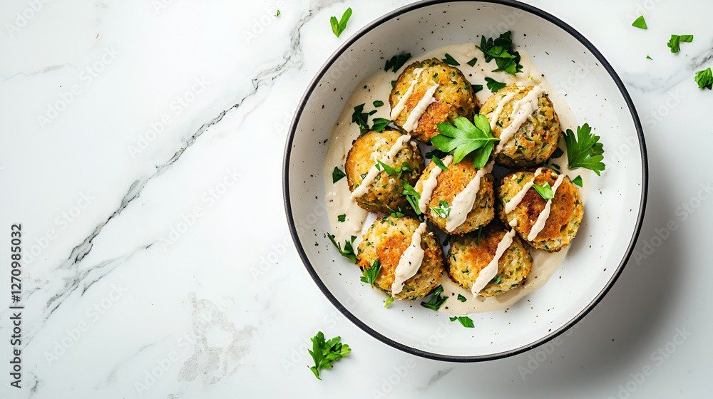 Delicious zucchini fritters drizzled with sauce and fresh parsley on a marble surface. Delicious zucchini fritters drizzled with sauce and fresh parsley on a marble surface.