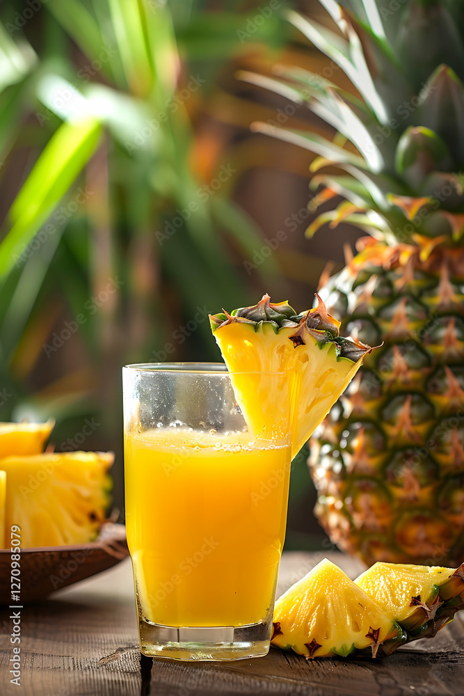 Refreshing pineapple juice served in a glass with fresh pineapple slices and tropical plants Refreshing pineapple juice served in a glass with fresh pineapple slices and tropical plants