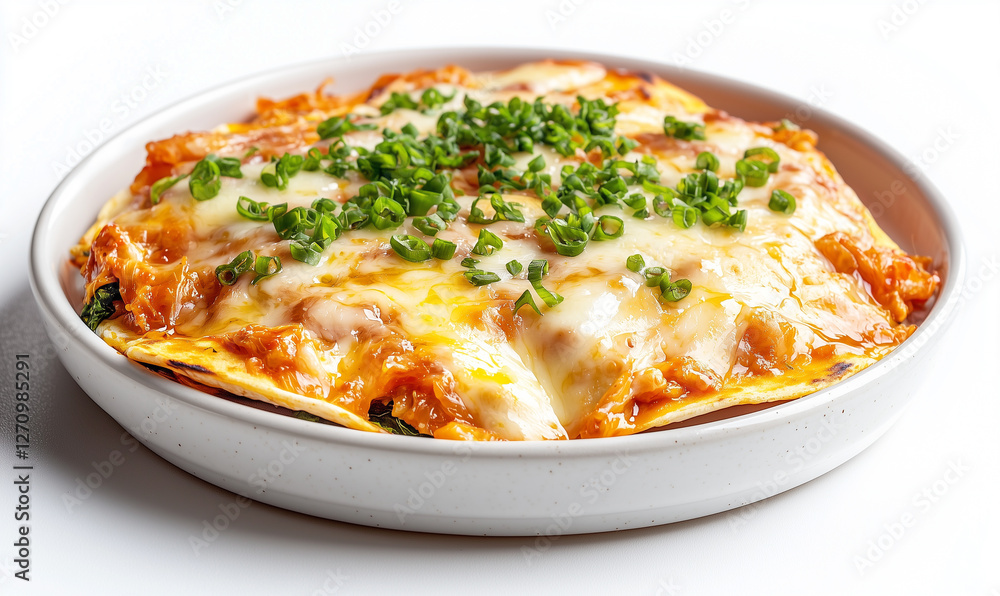 A delicious plate of lasagna topped with melted cheese and fresh green herbs, served in a white dish against a clean background. A delicious plate of lasagna topped with melted cheese and fresh green herbs, served in a white dish against a clean background.