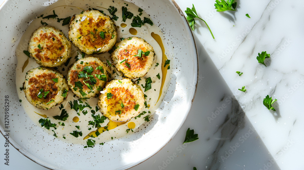 Golden-brown fritters plated with creamy sauce and fresh herbs, illuminated by natural light. Golden-brown fritters plated with creamy sauce and fresh herbs, illuminated by natural light.