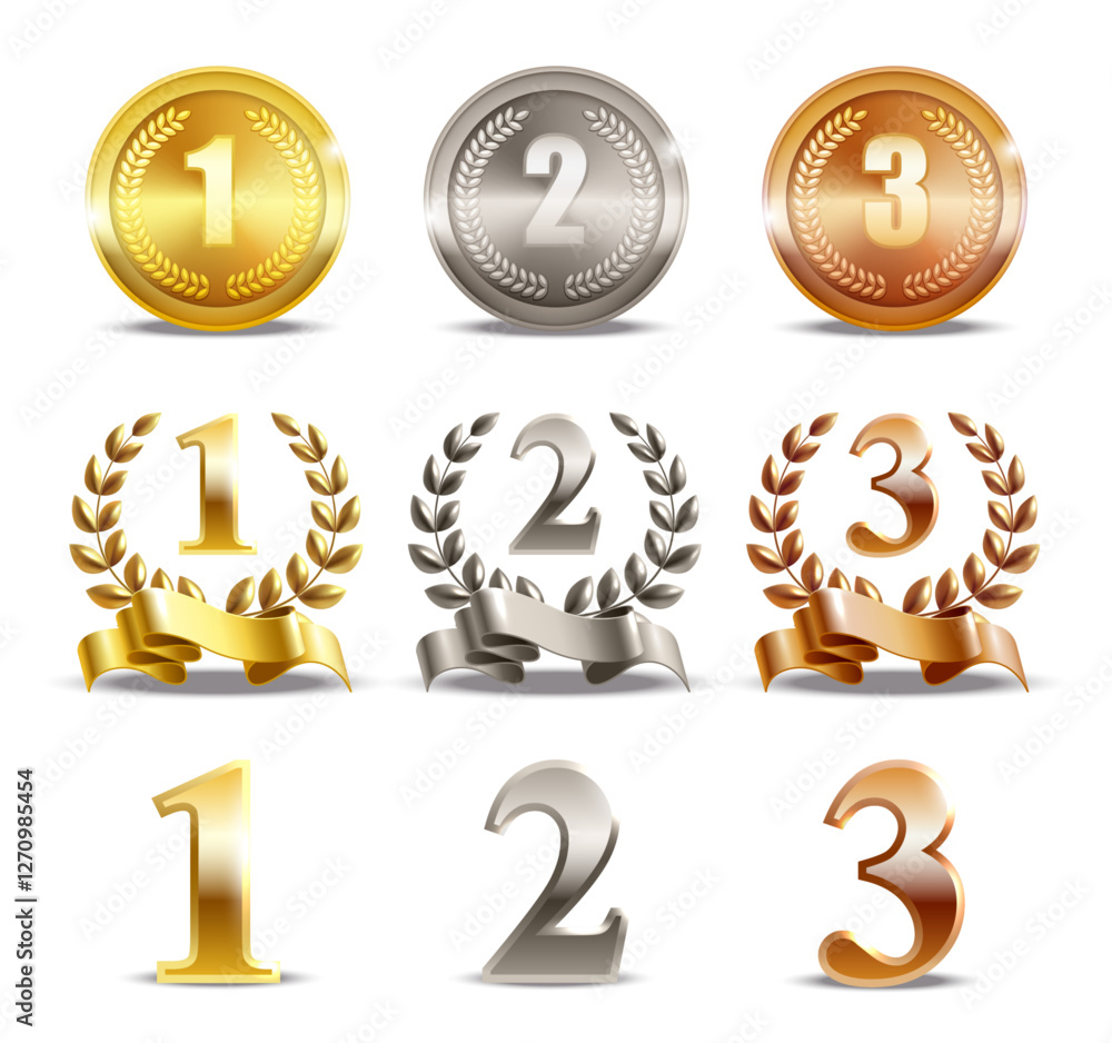 Gold, silver and bronze medals with numbers place set vector Gold, silver and bronze medals with numbers place set vector