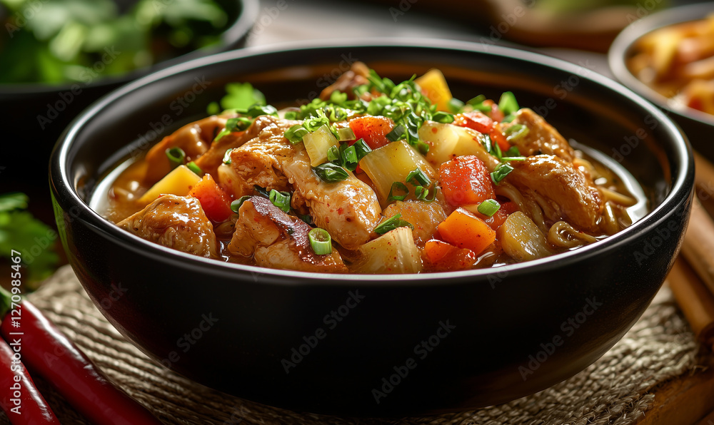 A steaming bowl of hearty stew filled with colorful vegetables and tender meat, garnished with fresh herbs. A steaming bowl of hearty stew filled with colorful vegetables and tender meat, garnished with fresh herbs.