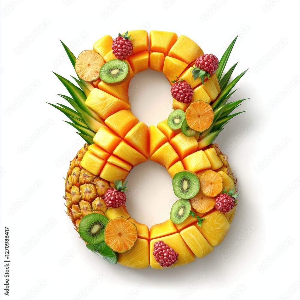 Number 8 built from vibrant tropical fruits, including mango and pineapple, on a clean white background for 8 March International Womens Day Number 8 built from vibrant tropical fruits, including mango and pineapple, on a clean white background for 8 March International Womens Day
