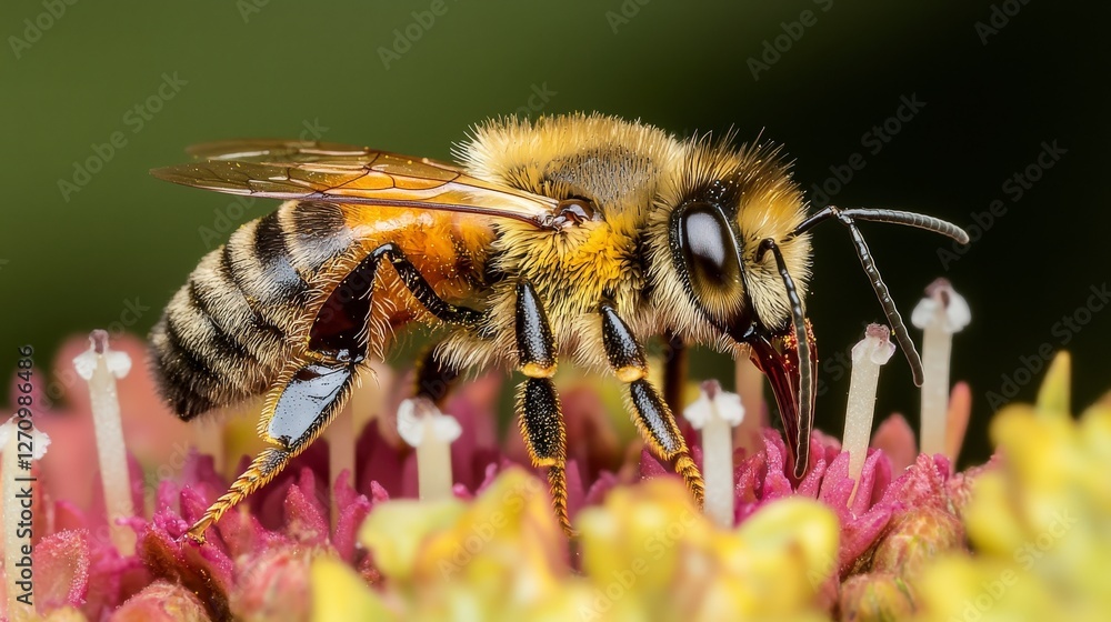 Bee pollinating a colorful flower in nature macro photography close-up view vibrant environment Bee pollinating a colorful flower in nature macro photography close-up view vibrant environment