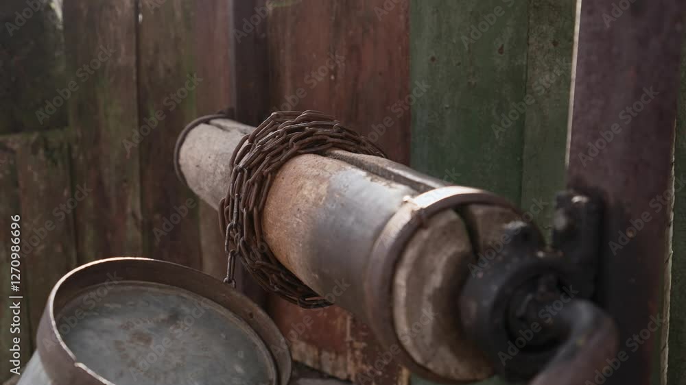 Close up old water well with a bucket and a metal chain in a village. Bucket on a rusty chain for extracting water from a well. Close up old water well with a bucket and a metal chain in a village. Bucket on a rusty chain for extracting water from a well.