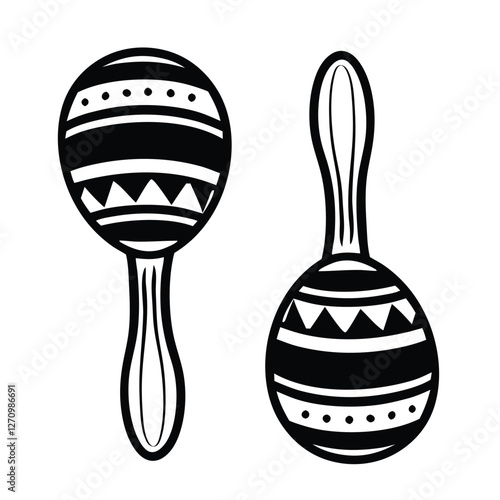 Black and white maracas with decorative patterns, one partially obscured by a gray rectangle