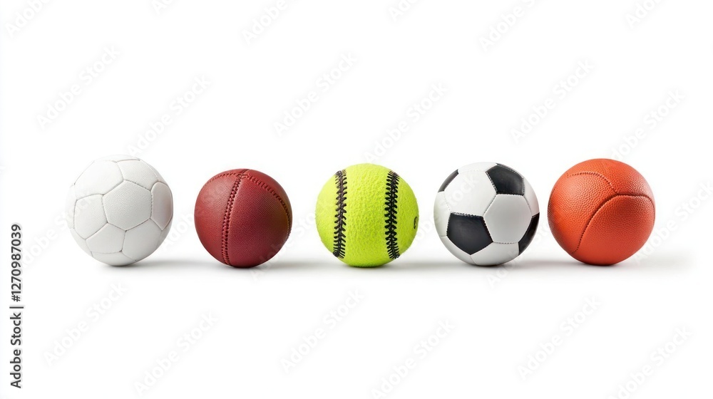 Five Assorted Sports Balls in a Row Against White Background Five Assorted Sports Balls in a Row Against White Background