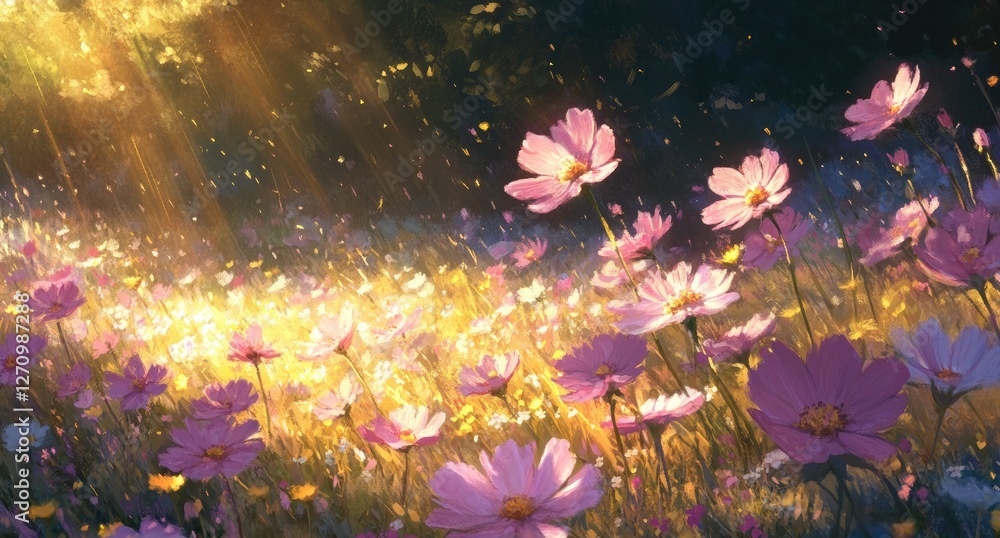 Golden Sunlight Highlights a Face Amidst a Breeze-Filled Floral Landscape Golden Sunlight Highlights a Face Amidst a Breeze-Filled Floral Landscape