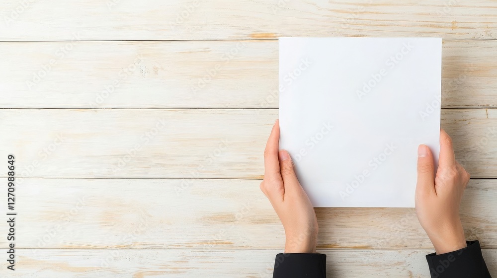 Successful project management budget concept. Blank sheet held by hands on a wooden surface. Successful project management budget concept. Blank sheet held by hands on a wooden surface.