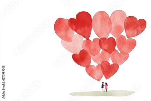 A charming couple standing under a canopy of red hearts, representing love and romance in a whimsical watercolor style, perfect for Valentine s Day