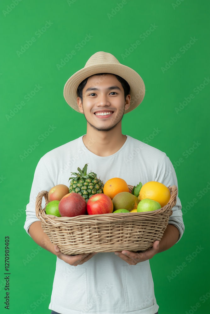 farmer man holding vegetables in basket, marketing photography, happy to sell you a product, standing, smiling, solid background farmer man holding vegetables in basket, marketing photography, happy to sell you a product, standing, smiling, solid background