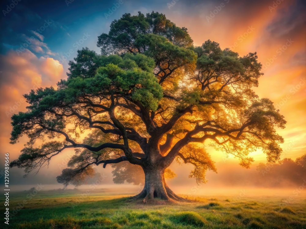 Ancient oak, majestic in autumn's foggy embrace, its intricate bark a testament to time. Ancient oak, majestic in autumn's foggy embrace, its intricate bark a testament to time.