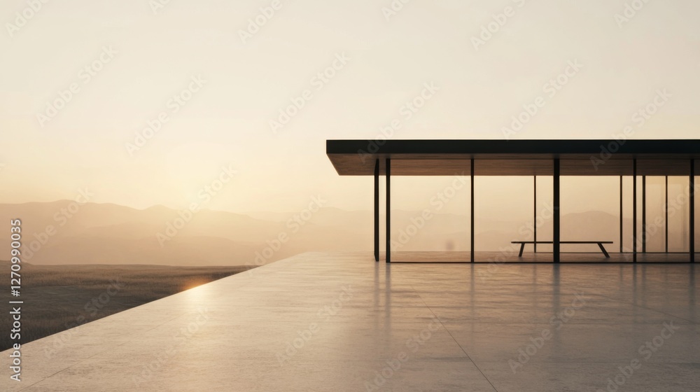 Modern Architecture, Exterior, Sunset View, Elevated Platform, Peaceful, Tranquil, Minimalist Structure Modern Architecture, Exterior, Sunset View, Elevated Platform, Peaceful, Tranquil, Minimalist Structure