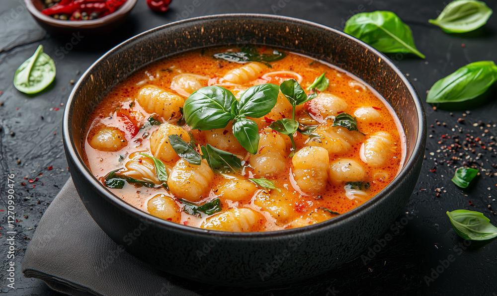 A delicious bowl of creamy gnocchi soup garnished with fresh basil, served on a dark stone surface with herbs and spices. A delicious bowl of creamy gnocchi soup garnished with fresh basil, served on a dark stone surface with herbs and spices.