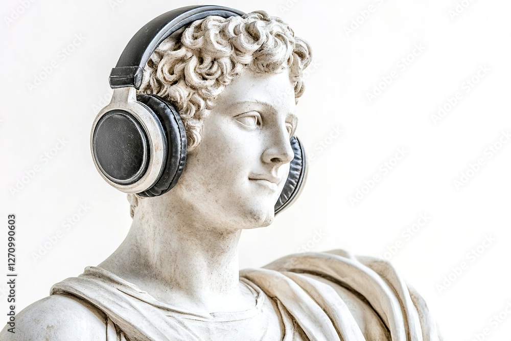 Obraz premium close-up roman antique male statue in large black headphones isolated on white background