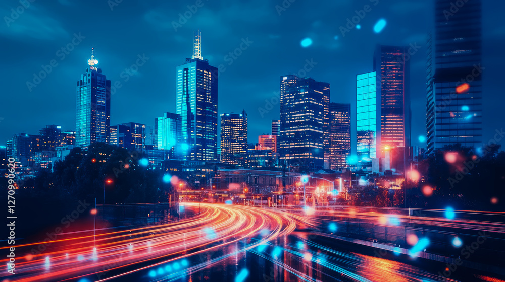 Metropolis at Dusk: A Symphony of Light Trails & Steel Giants in a Futuristic Urban Nightscape Metropolis at Dusk: A Symphony of Light Trails & Steel Giants in a Futuristic Urban Nightscape