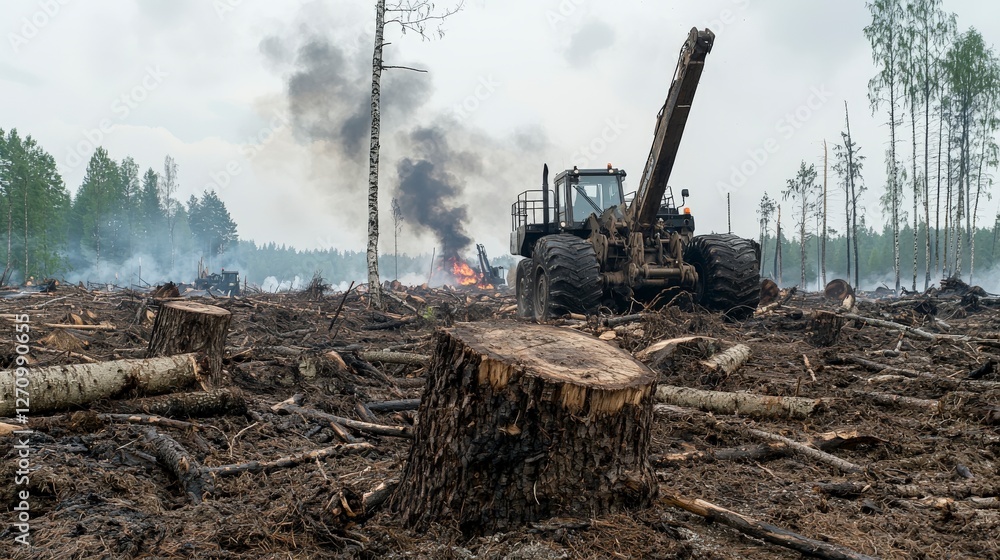 Fototapeta premium Ground-level view of logging operations deforestation and its impact on scenic forest environments