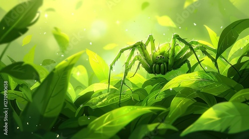 A vibrant green spider rests among lush leaves in a sunlit forest setting.