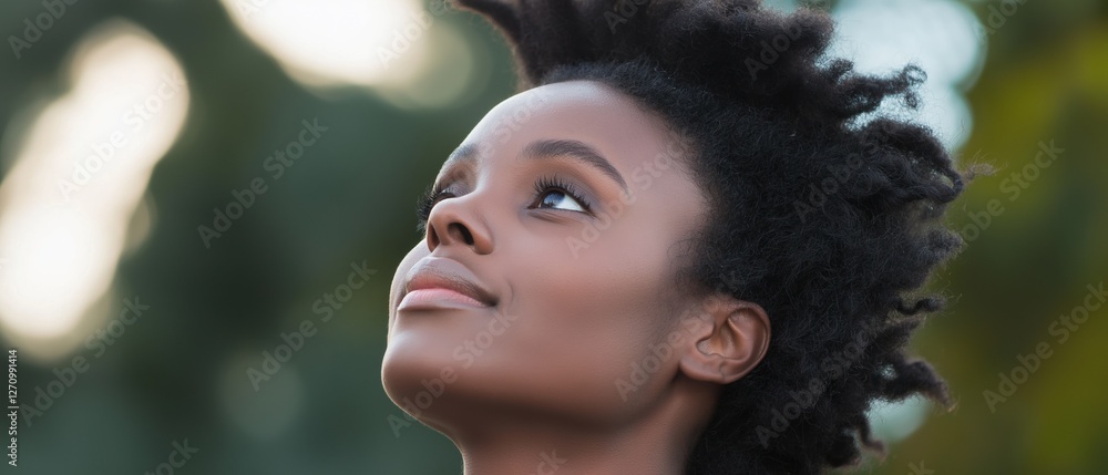 Fototapeta premium Close-up portrait of a young african-american woman with curly hair. she is looking up towards the sky with a peaceful expression on her face.