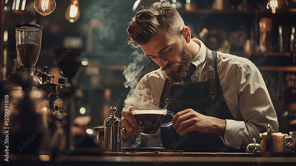 Naklejka premium A man in a white shirt and black apron is pouring coffee into a cup