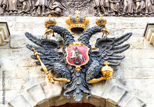 Russian coat of arms (double-headed eagle) on Petrovsky gate of the Peter and Paul Fortress in St. Petersburg