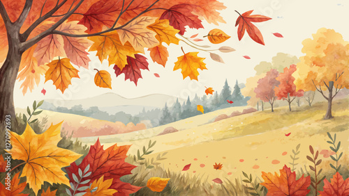 Watercolor autumn leaves background, vibrant orange, yellow, and red, evoking fall and Oktoberfest spirit with copy space  
