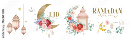 Ramadan kareem. Eid mubarak. Vector floral elegant watercolor illustration of crescent moon made of flowers, oriental lantern, hanging lamps for greeting card, invitation, postcard or poster 