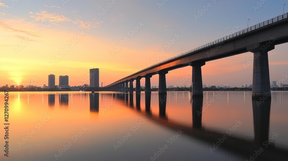 Long Bridge at Sunset Over Calm River with City Reflections Long Bridge at Sunset Over Calm River with City Reflections
