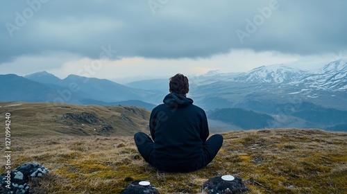 Thoughtful Person Meditating on a Mountain Top Surrounded by Breathtaking Nature : Generative AI photo