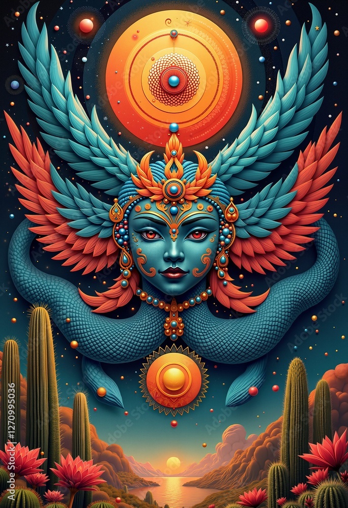 Fototapeta premium Mythical figure with wings and cosmic elements in desert landscape
