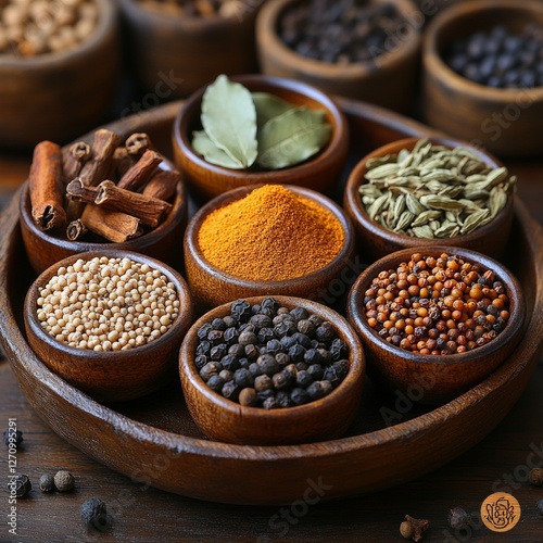 Diverse assortment of spices in wooden bowls featuring bay leaves, fennel, and turmeric photo