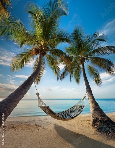 hammock between palms by ocean photo