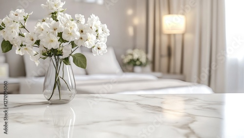 White flowers in glass vase on marble surface, blurred bedroom background. (1)