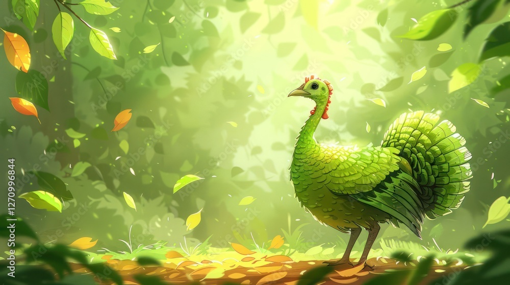 Obraz premium A vibrant, green bird stands in a lush, sunlit forest, surrounded by falling leaves.